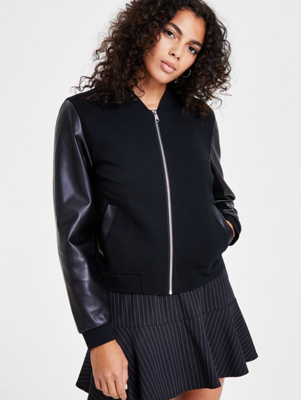Bar III Black Bomber Jacket with Faux Leather Sleeves Sz Medium